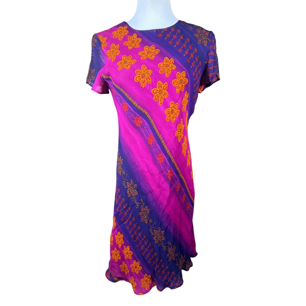 Benjamin A Vintage Floral Midi Dress Purple Magenta Orange Rayon Size 10 3A758